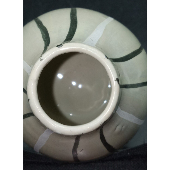 Pretty Lt Sage Green Iridescent Small Vase with Green & White Vertical Lines 5" - Picture 7 of 8